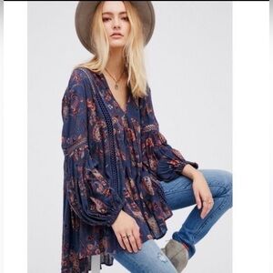 Free People Just The Two Of Us Navy Paisley Long Sleeve Tunic Top